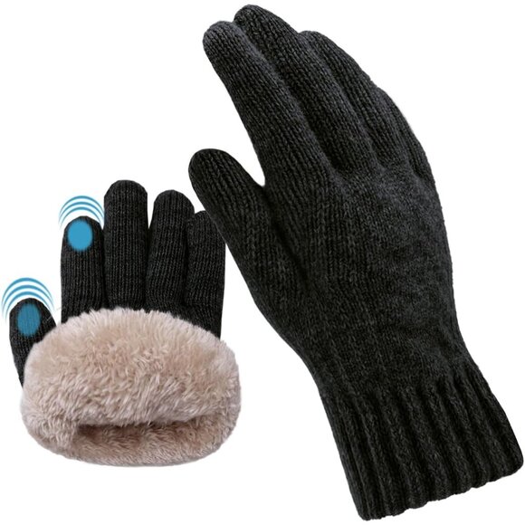 Men's Black Winter Warm Touch Screen with Fleece Lining Thermal Knit Gloves - Picture 1 of 6